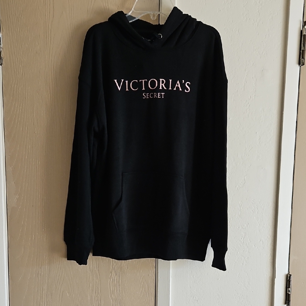 Victoria's Secret Black Sweatshirt Hoodie with Pink Logo Small